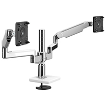 M/Flex with Dual M2.1 Monitor Arm with Bolt-Thru Mount, Polished Aluminium with White Trim.